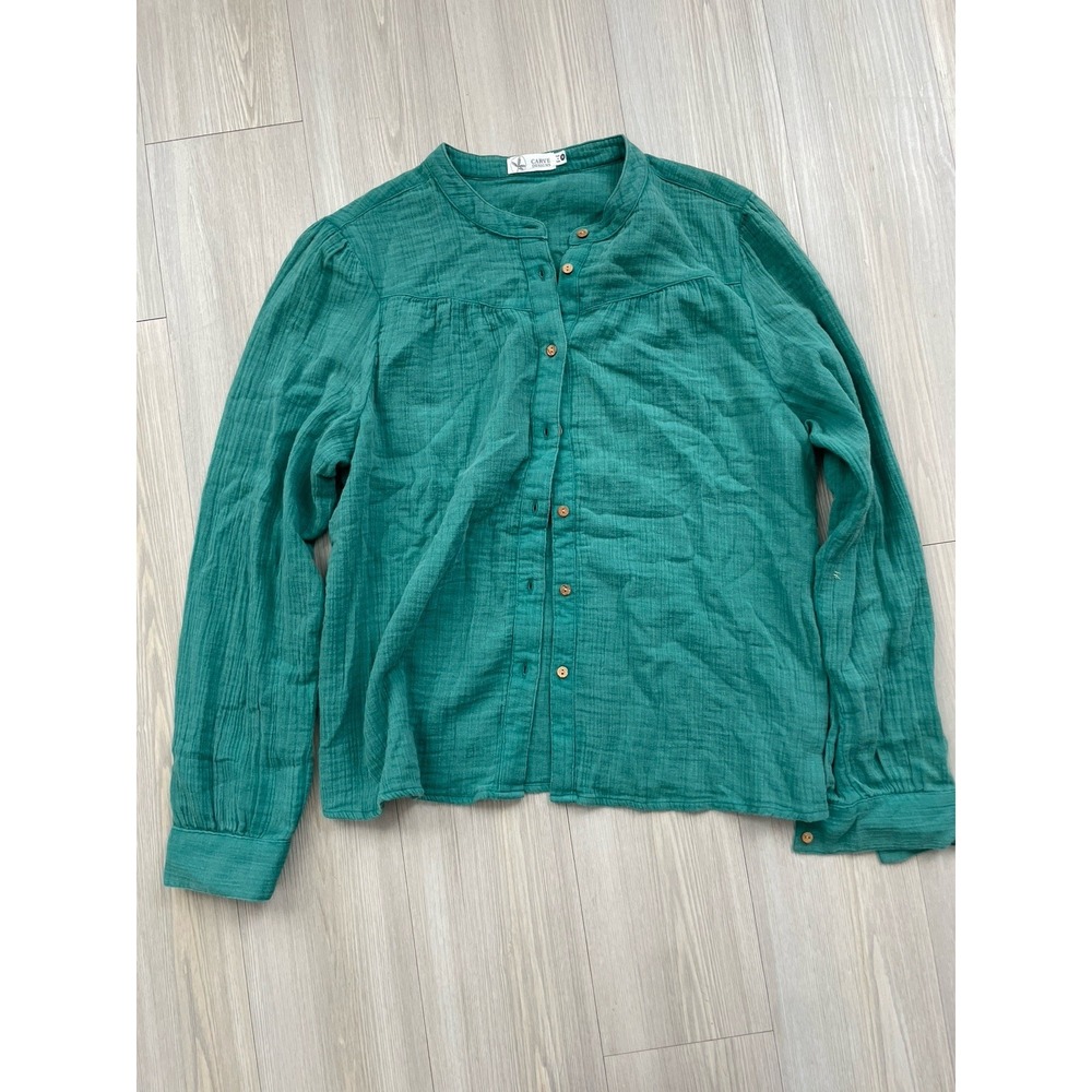 Carve Designs Long Sleeve 100% Cotton Teal Button Up Blouse Size Medium Earthy